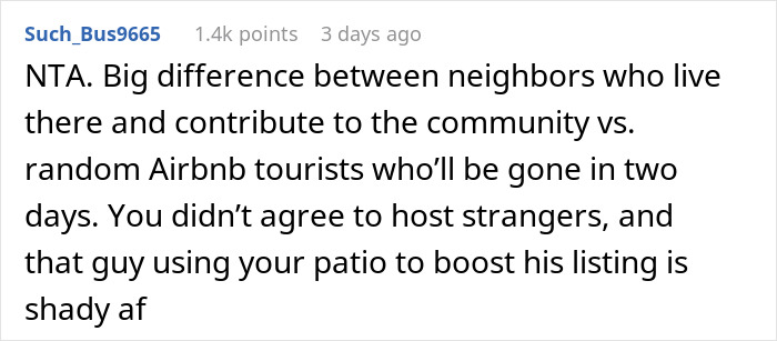 Screenshot of a forum comment discussing neighbor refusing tourists use of patio and Airbnb host calling it discrimination. Screenshot of a forum comment discussing neighbor refusing tourists use of patio and Airbnb host calling it discrimination.