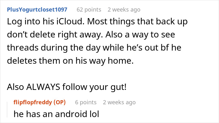 Forum comments about strange text from fiancé sparking mom-to-be's suspicion and friends advising to trust her gut feeling. Forum comments about strange text from fiancé sparking mom-to-be's suspicion and friends advising to trust her gut feeling.