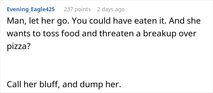 User comment on a forum discussing a breakup after a woman threw away dinner, reflecting angry reaction and relationship conflict.