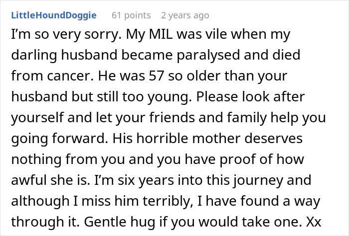 Comment expressing sympathy about a mother-in-law's hatred after losing her husband and coping with grief. Comment expressing sympathy about a mother-in-law's hatred after losing her husband and coping with grief.