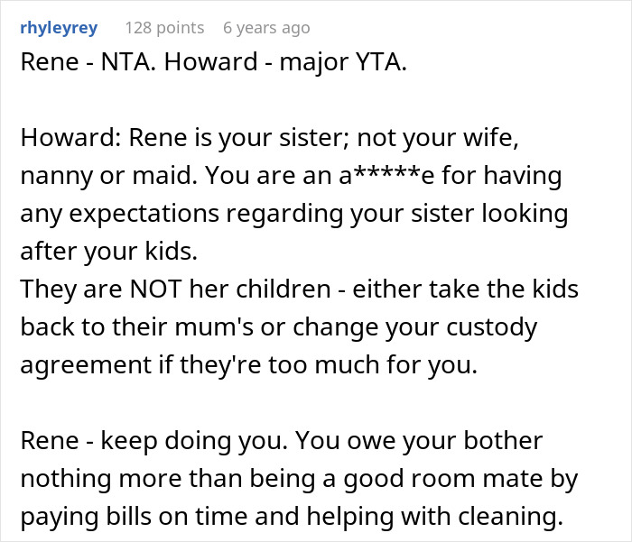 Screenshot of a Reddit comment discussing a guy accusing his sister of refusing childcare duties for his kids. Screenshot of a Reddit comment discussing a guy accusing his sister of refusing childcare duties for his kids.