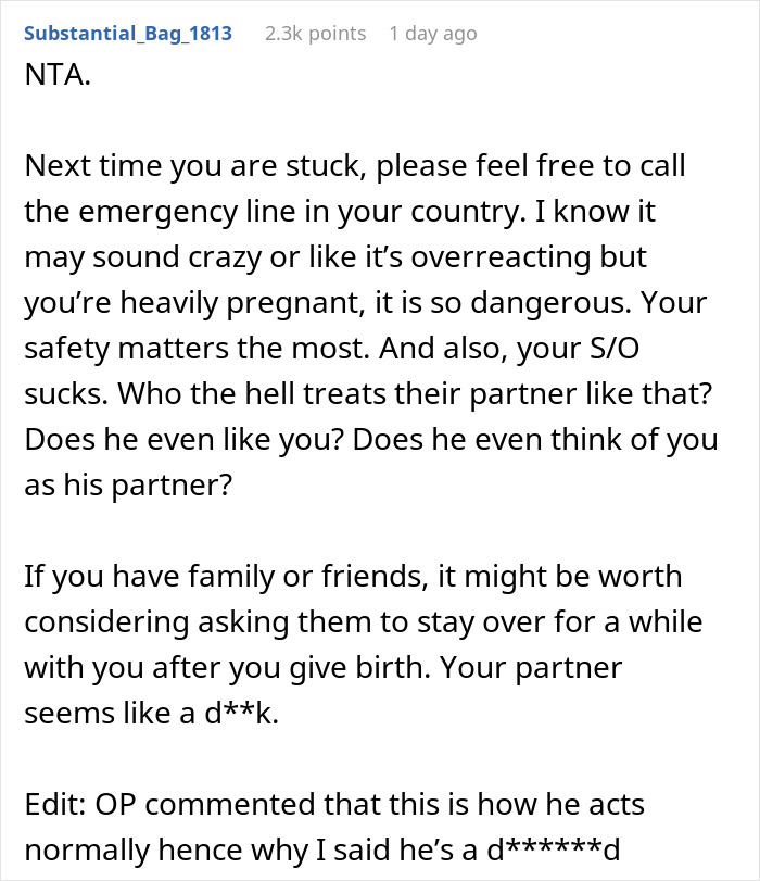 Alt text: Text discussing a heavily pregnant woman getting stuck and her partner’s negative response to her call for help. Alt text: Text discussing a heavily pregnant woman getting stuck and her partner’s negative response to her call for help.
