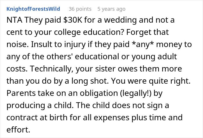 Screenshot of a Reddit comment defending a woman refusing to hand over her entire savings to parents claiming it’s rightfully theirs. Screenshot of a Reddit comment defending a woman refusing to hand over her entire savings to parents claiming it’s rightfully theirs.
