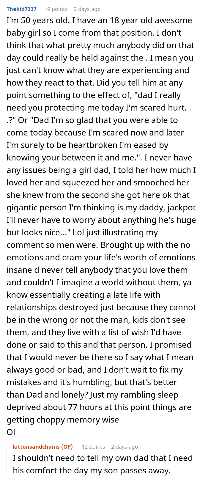 Commenter sharing feelings about being a woman appalled by dad’s reaction to her giving birth to his dead grandchild. Commenter sharing feelings about being a woman appalled by dad’s reaction to her giving birth to his dead grandchild.