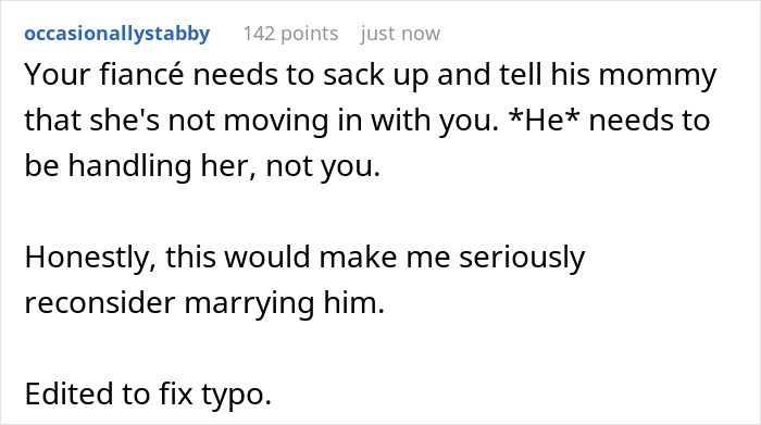 Commenter advises fiancé to set boundaries with future MIL’s 'temporary' stay, highlighting woman’s struggle before marriage begins.