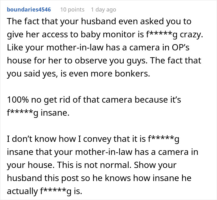 Comment discussing how a mom disables MIL’s baby cam access after realizing she’s always spying on her. Comment discussing how a mom disables MIL’s baby cam access after realizing she’s always spying on her.