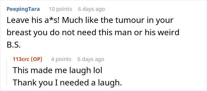 Screenshot of an online comment discussing a woman’s surgery and a husband mocking her mispronunciation, causing her distress. Screenshot of an online comment discussing a woman’s surgery and a husband mocking her mispronunciation, causing her distress.
