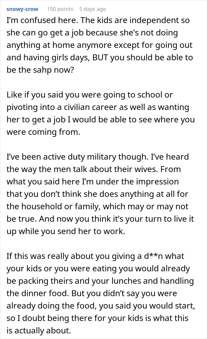 Comment discussing a man saying wife can find a job as a SAHM for teens and doing no chores doesn’t count. Comment discussing a man saying wife can find a job as a SAHM for teens and doing no chores doesn’t count.