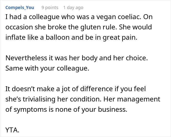 Text comment discussing a colleague with gluten intolerance and the importance of respecting their gluten-free choices at work.