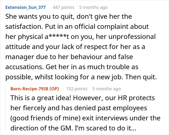 Screenshot of a discussion about an employee missing work due to a flat tire and the GM’s reaction.
