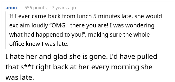 Text post showing a user describing calling out an obnoxious coworker for being late repeatedly at work. Text post showing a user describing calling out an obnoxious coworker for being late repeatedly at work.