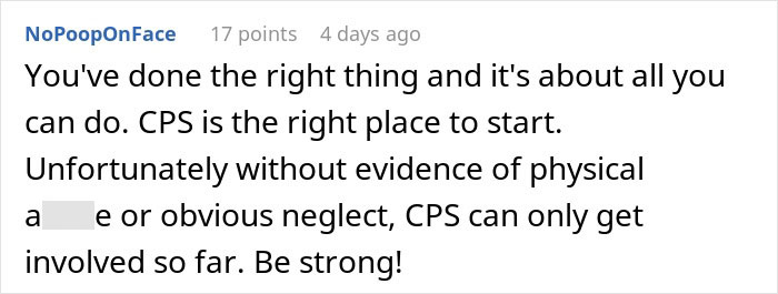 Reddit comment discussing CPS involvement and concerns about nephew's safety with a controlling brother situation. Reddit comment discussing CPS involvement and concerns about nephew's safety with a controlling brother situation.