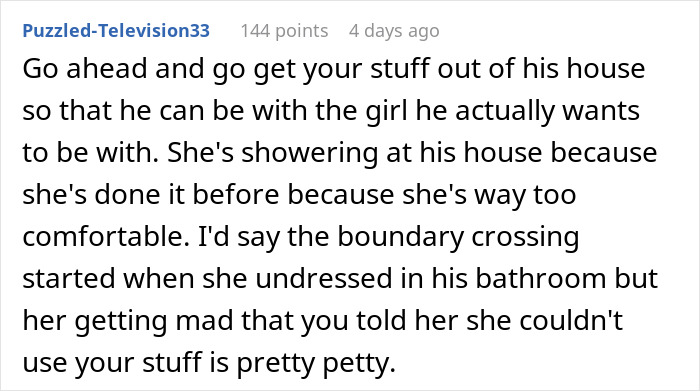 Text excerpt discussing setting boundaries and refusing a female friend to use shampoo at his house due to comfort levels.