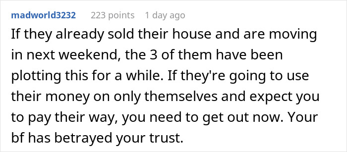 Comment discussing a man secretly inviting his parents to stay with him and his girlfriend, causing relationship tension. Comment discussing a man secretly inviting his parents to stay with him and his girlfriend, causing relationship tension.
