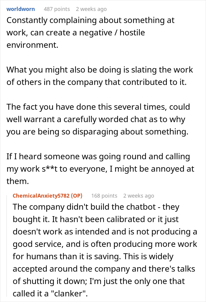Text conversation about a worker disciplined for slurs related to ChatGPT causing workplace issues and frustration. Text conversation about a worker disciplined for slurs related to ChatGPT causing workplace issues and frustration.