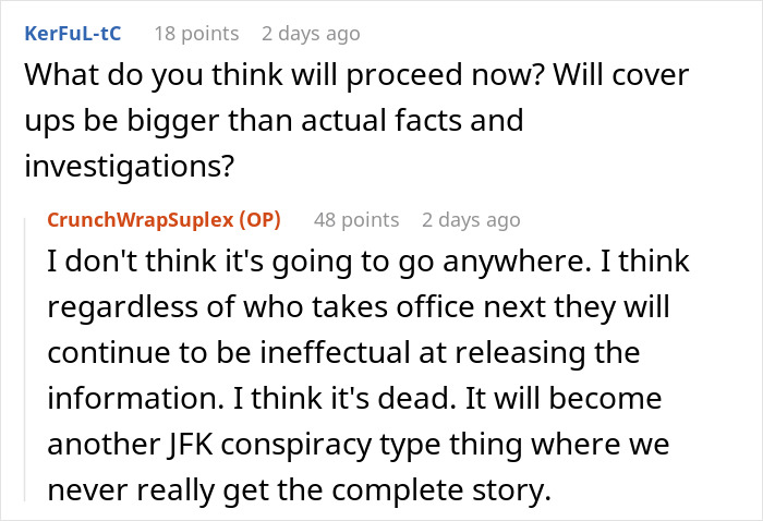 Screenshot of a Reddit discussion about cover-ups and conspiracy theories on Epstein’s death by a prison officer.