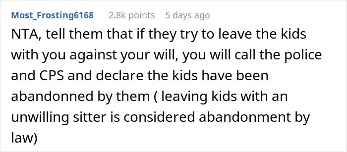 Comment discussing a teen escaping dad’s babysitting trap after being forced to watch fiancée’s kids. Comment discussing a teen escaping dad’s babysitting trap after being forced to watch fiancée’s kids.