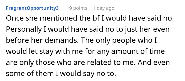 User comment on a forum discussing regrets after hosting an old friend with wild requests from the couple's perspective. User comment on a forum discussing regrets after hosting an old friend with wild requests from the couple's perspective.