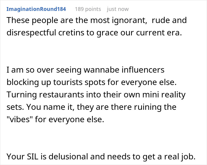 Self-proclaimed influencer filming sister-in-law at birthday dinner, upset when sister-in-law blocks the camera. Self-proclaimed influencer filming sister-in-law at birthday dinner, upset when sister-in-law blocks the camera.
