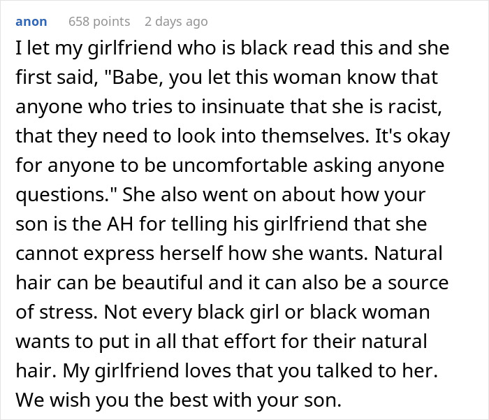 Comment discussing 14YO’s reaction to mom suggesting his black girlfriend dress more comfortably after confiding in her. Comment discussing 14YO’s reaction to mom suggesting his black girlfriend dress more comfortably after confiding in her.