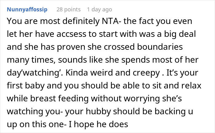 Reddit comment discussing a mom disabling MIL’s baby cam access after realizing she was always spying on her. Reddit comment discussing a mom disabling MIL’s baby cam access after realizing she was always spying on her.