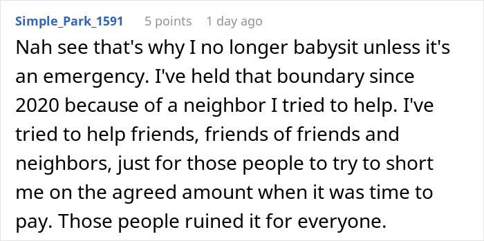 Text post about someone refusing to babysit without fair pay due to past experience with unfair treatment. Text post about someone refusing to babysit without fair pay due to past experience with unfair treatment.