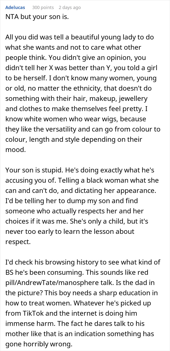 Screenshot of online comment discussing 14YO son exploding at mom for suggesting his Black girlfriend dress more comfortably. Screenshot of online comment discussing 14YO son exploding at mom for suggesting his Black girlfriend dress more comfortably.