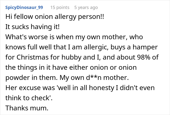 Comment from user expressing frustration about allergy issues, mentioning onion allergy and difficulties with gifts, related to mil-try-poison-woman topic. Comment from user expressing frustration about allergy issues, mentioning onion allergy and difficulties with gifts, related to mil-try-poison-woman topic.