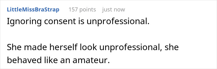Screenshot of a social media comment criticizing a self-proclaimed influencer for ignoring consent while filming at a birthday dinner. Screenshot of a social media comment criticizing a self-proclaimed influencer for ignoring consent while filming at a birthday dinner.