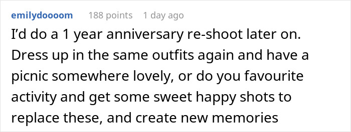 Comment on a wedding photography re-shoot idea suggesting dress-up and a picnic for better happy shots and memories. Comment on a wedding photography re-shoot idea suggesting dress-up and a picnic for better happy shots and memories.