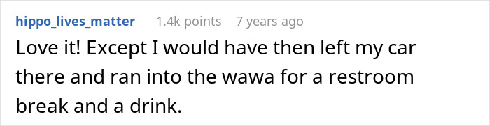 Comment about a lady in a brand new Lexus skipping the air pump line, leading to being trapped between curbs and facing petty justice.