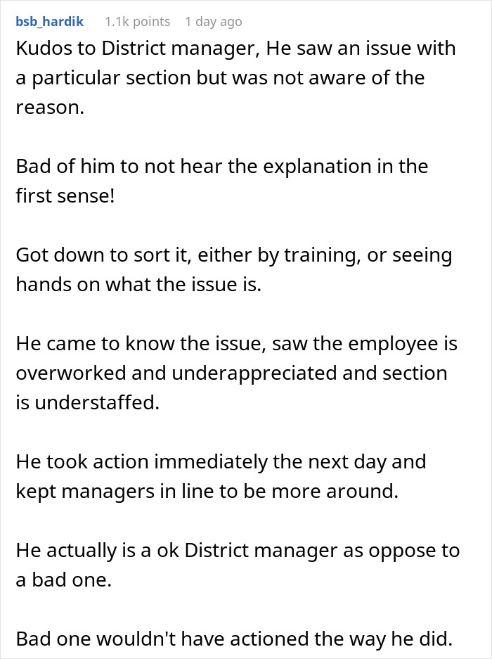 Comment praising district manager for addressing issues with an employee deemed useless at work by improving support and training. Comment praising district manager for addressing issues with an employee deemed useless at work by improving support and training.