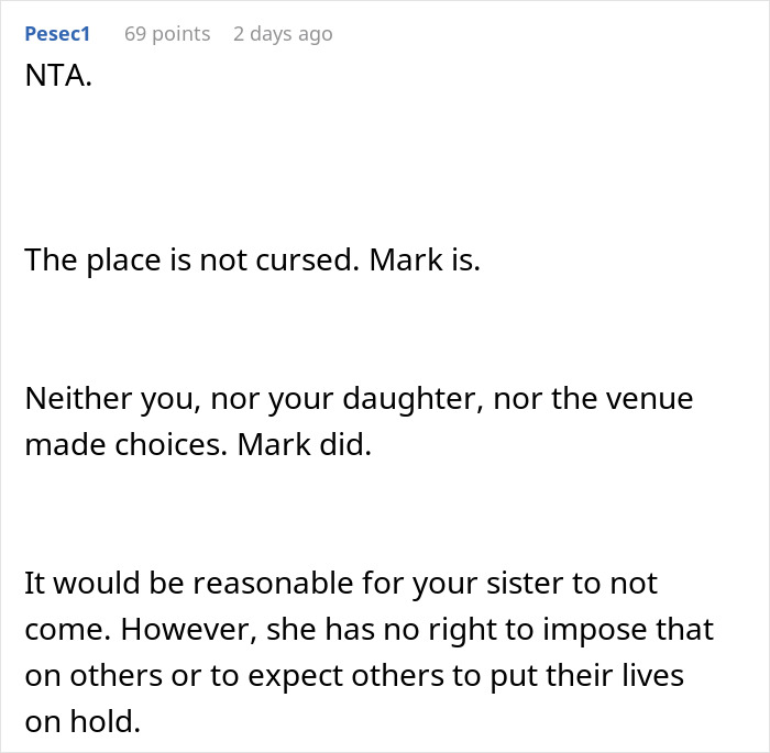 Comment discussing a woman refusing to cancel her daughter’s dream wedding venue despite sister’s cheating ex issues. Comment discussing a woman refusing to cancel her daughter’s dream wedding venue despite sister’s cheating ex issues.