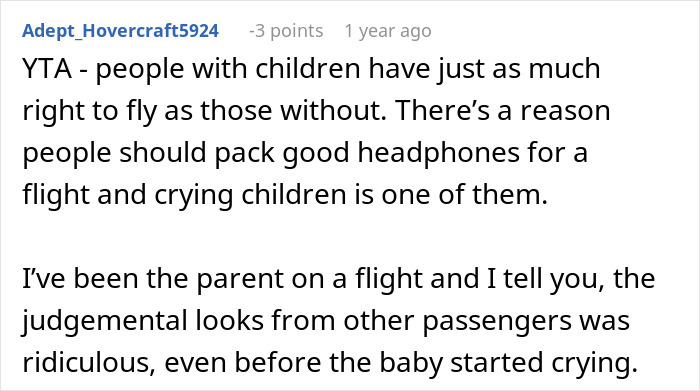 Reddit comment discussing challenges parents face flying with children and dealing with judgment from other passengers. Reddit comment discussing challenges parents face flying with children and dealing with judgment from other passengers.