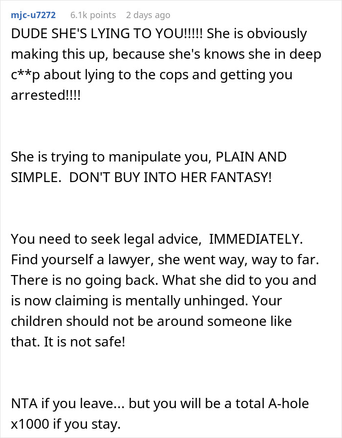 Comment warning about wife accusing husband of domestic violence, urging legal advice and caution in the situation. Comment warning about wife accusing husband of domestic violence, urging legal advice and caution in the situation.