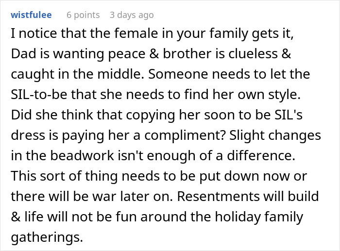 Alt text: Woman confronting brother’s fiancée about copying her wedding dress causing family tension. Alt text: Woman confronting brother’s fiancée about copying her wedding dress causing family tension.