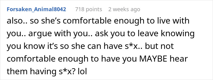 Reddit comment discussing a roommate expects leaving to sleep with guys but hesitates to admit it openly.