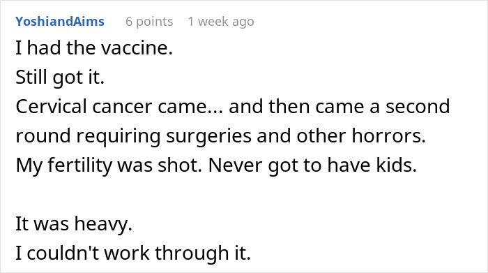 Text comment about cervical cancer diagnosis and struggles, highlighting a woman’s experience with cancer linked to HPV from partner. Text comment about cervical cancer diagnosis and struggles, highlighting a woman’s experience with cancer linked to HPV from partner.