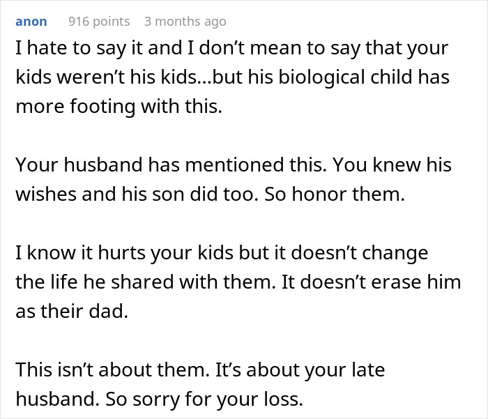Comment discussing widow’s choice to bury late husband with first wife and child, stepkids feeling hurt and abandoned. Comment discussing widow’s choice to bury late husband with first wife and child, stepkids feeling hurt and abandoned.