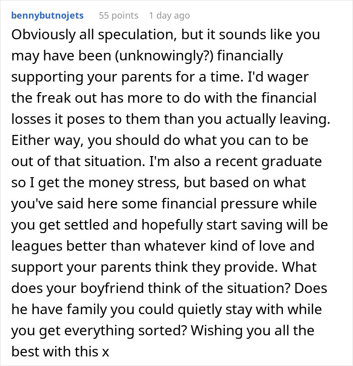 Screenshot of an online comment discussing parents forcing pay expensive rent and financial pressure on recent graduates. Screenshot of an online comment discussing parents forcing pay expensive rent and financial pressure on recent graduates.