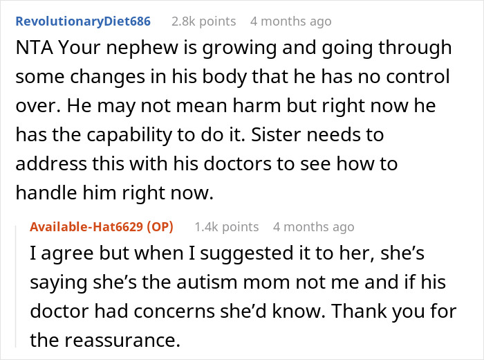 Text conversation discussing a woman refusing to babysit her autistic nephew after he injures her daughter and spits on her. Text conversation discussing a woman refusing to babysit her autistic nephew after he injures her daughter and spits on her.