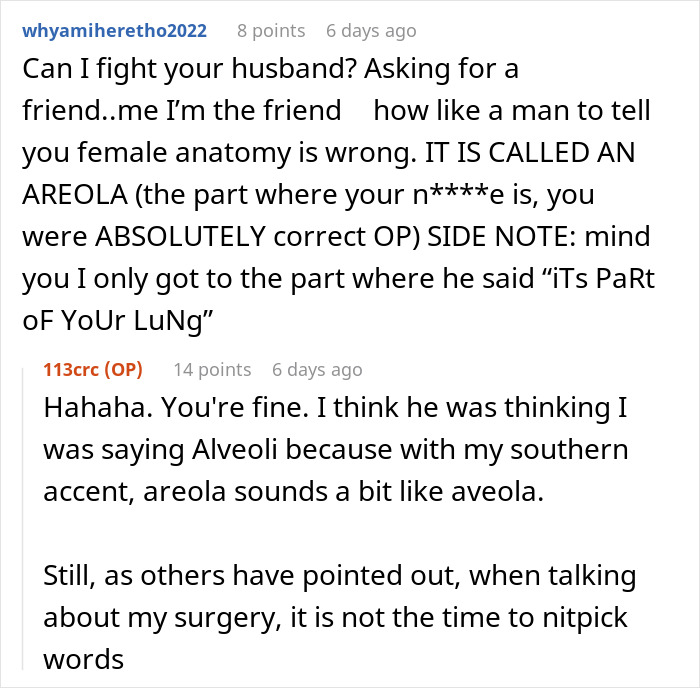 Reddit comments showing husband mocking wife’s mispronunciation while she shares surgery details with tears. Reddit comments showing husband mocking wife’s mispronunciation while she shares surgery details with tears.