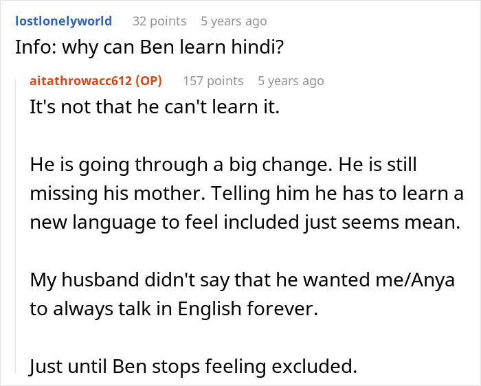 Online forum post discussing stepdad suggesting punishing kid for using native language son doesn’t understand, mom reacts. Online forum post discussing stepdad suggesting punishing kid for using native language son doesn’t understand, mom reacts.