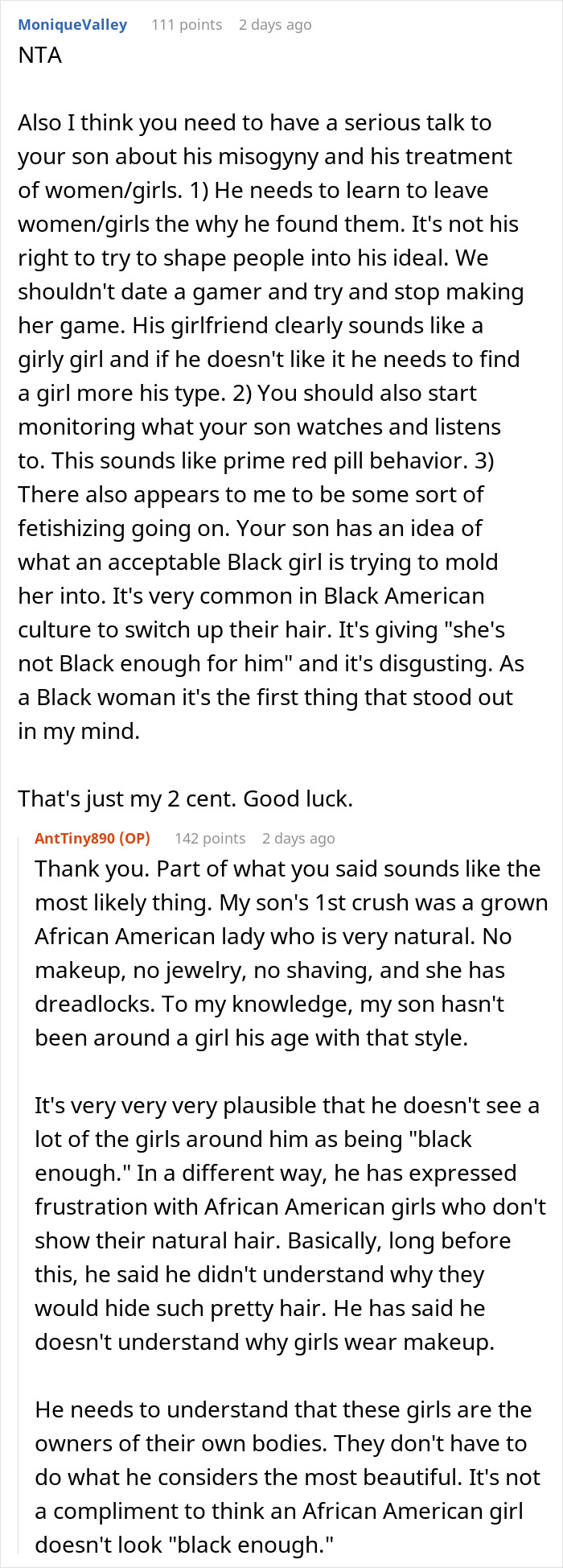 Reddit discussion about 14YO boy upset over mom suggesting his Black girlfriend dress more comfortably after confiding in her. Reddit discussion about 14YO boy upset over mom suggesting his Black girlfriend dress more comfortably after confiding in her.
