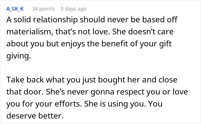 Screenshot of a comment discussing heartbreak from a man’s dream proposal due to girlfriend wanting a rich husband over hardworking partner.