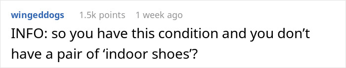 Text post from a social media user discussing a medical condition preventing removal of shoes indoors and related conflict. Text post from a social media user discussing a medical condition preventing removal of shoes indoors and related conflict.