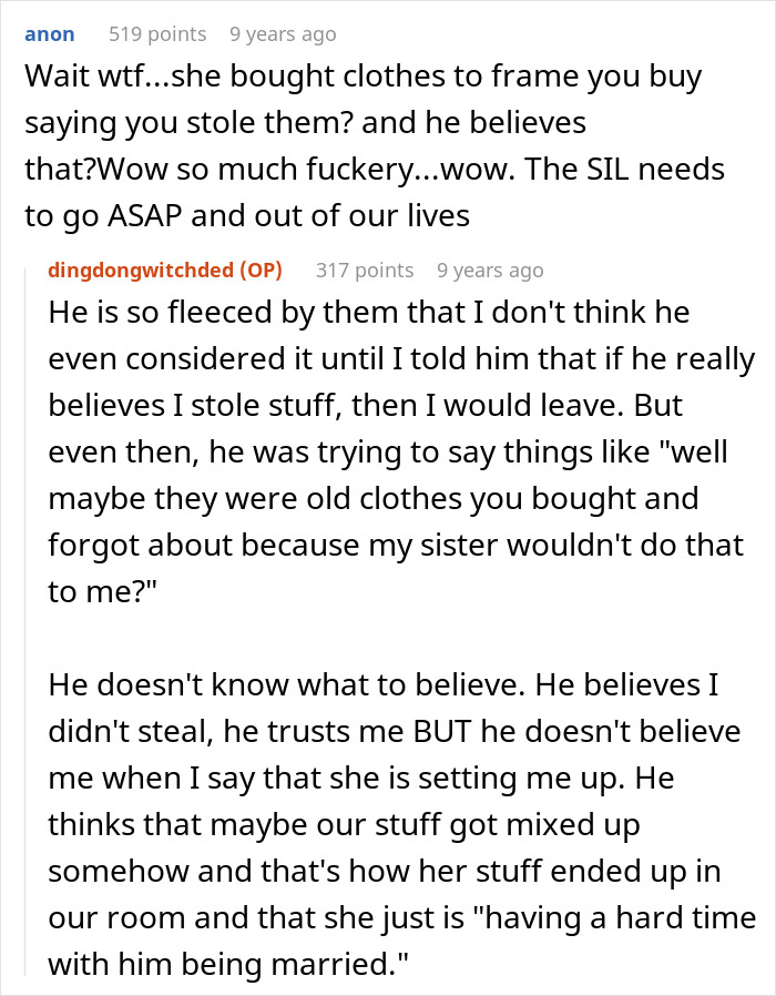 Text conversation screenshot showing a woman explaining how a lady tries to frame SIL and turn bro against his wife.