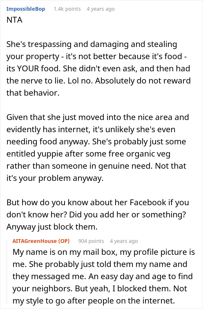 Screenshot of a Reddit discussion about a thief caught stealing vegetables claiming to know the owner. Screenshot of a Reddit discussion about a thief caught stealing vegetables claiming to know the owner.
