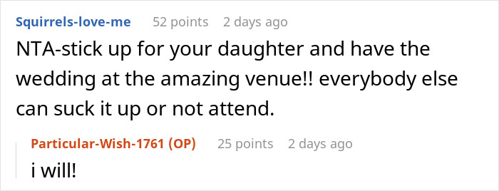 Commenters discuss a woman refusing to cancel her daughter’s dream wedding venue despite sister’s cheating ex. Commenters discuss a woman refusing to cancel her daughter’s dream wedding venue despite sister’s cheating ex.