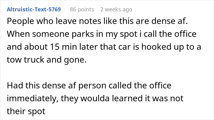 Comment criticizing dodgy neighbor trying to trick woman into giving up her parking spot with anonymous notes. Comment criticizing dodgy neighbor trying to trick woman into giving up her parking spot with anonymous notes.